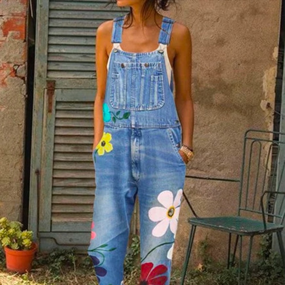 Floral- print Denim Overalls